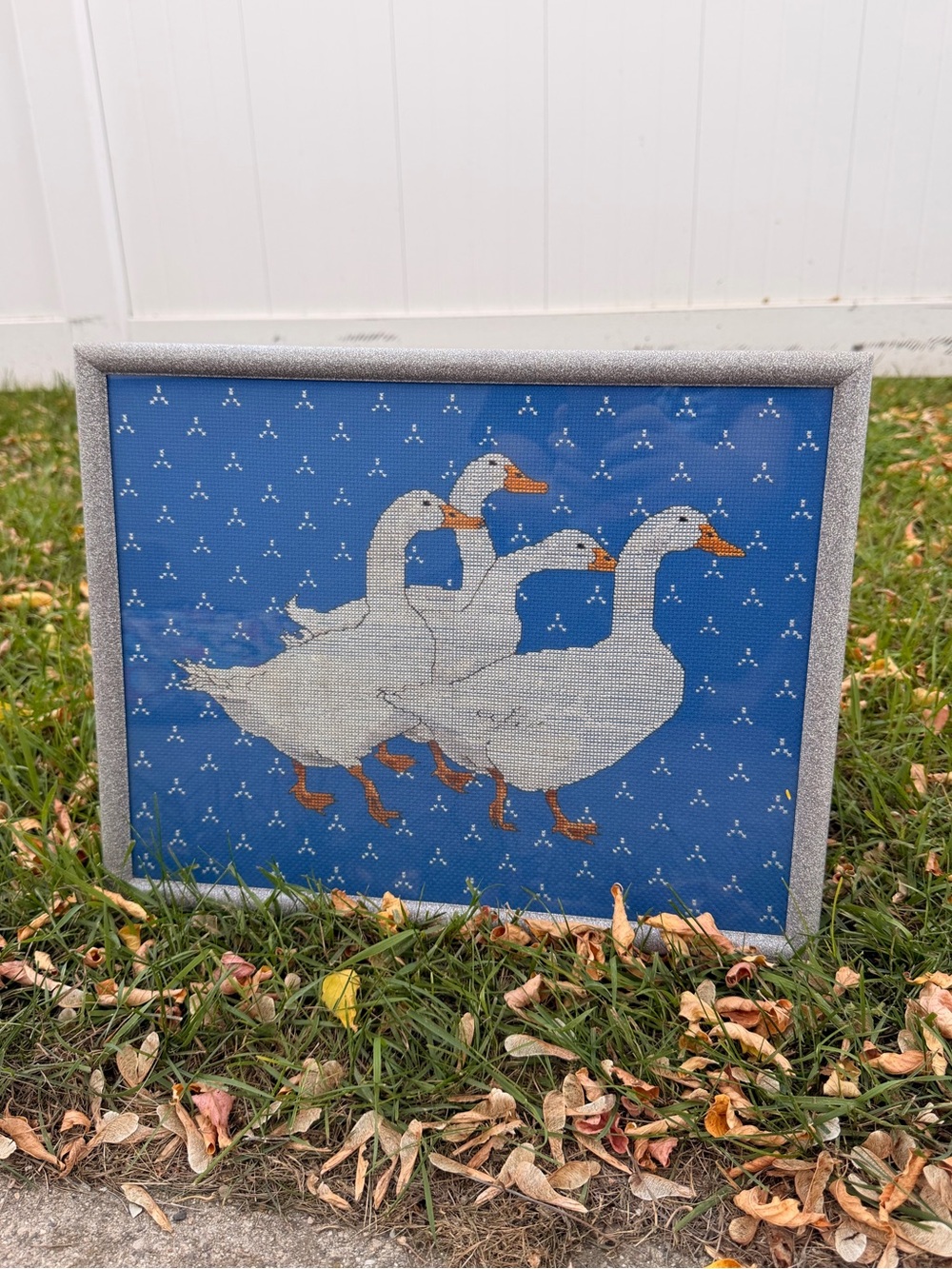 Framed Geese Cross-Stitch - Blue Cottagecore Wall Art
